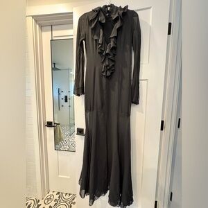 Black Ruffle-Front Long Sleeve Maxi Dress